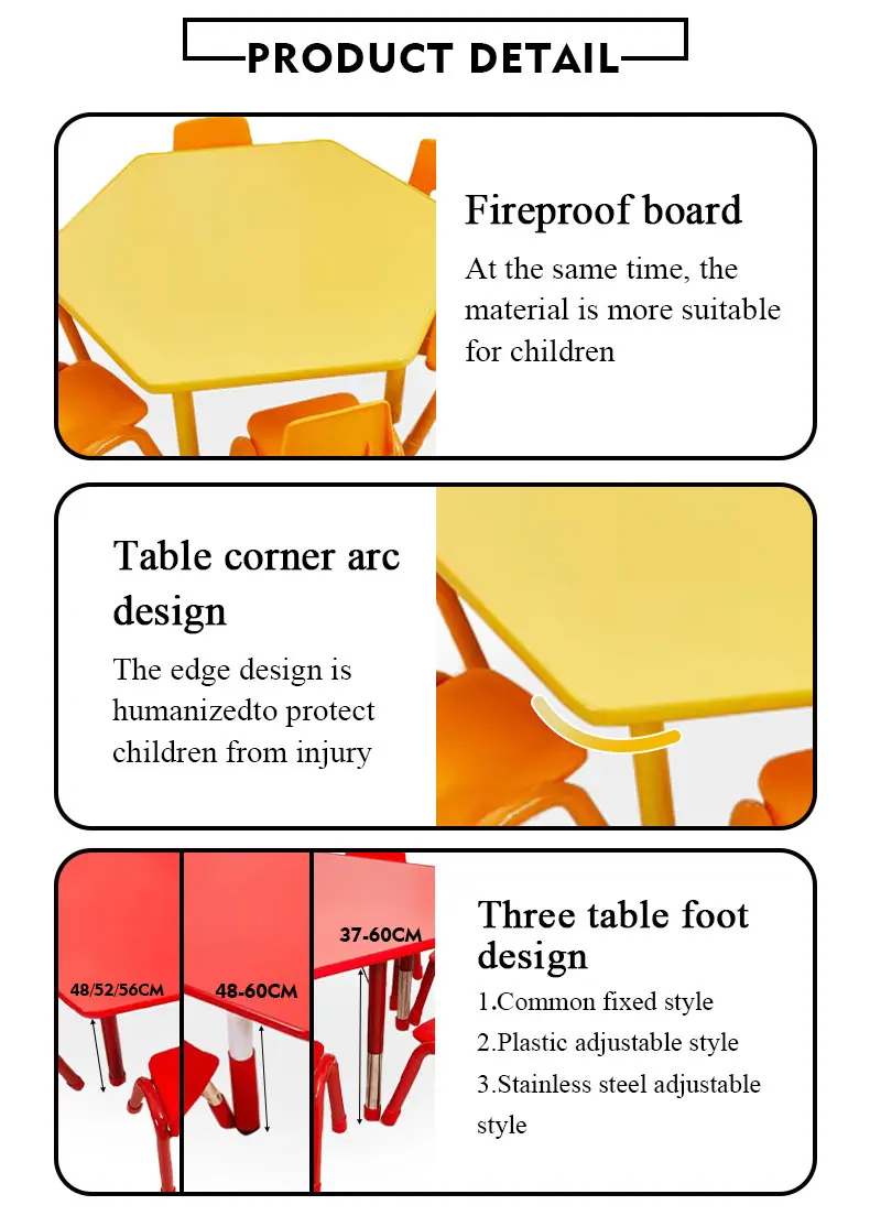 Durable Hexagon Plastic Tables Chair Set Ergonomic Nursery School Desks for Kindergarten Multi-Color Wood Furniture for Kids