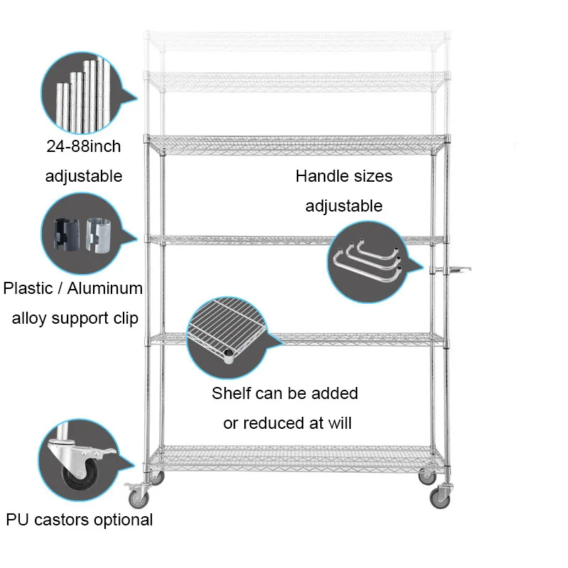 High Quality Adjustable 4 Layers Kitchen Storage Trolley Wire Shelving Trolley Cart Shelving on Wheels