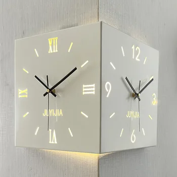 Hot Sales Modern Induction Luminous Corner Wall Clock Square Living Room Decoration Simple Double Sided Wall Clock