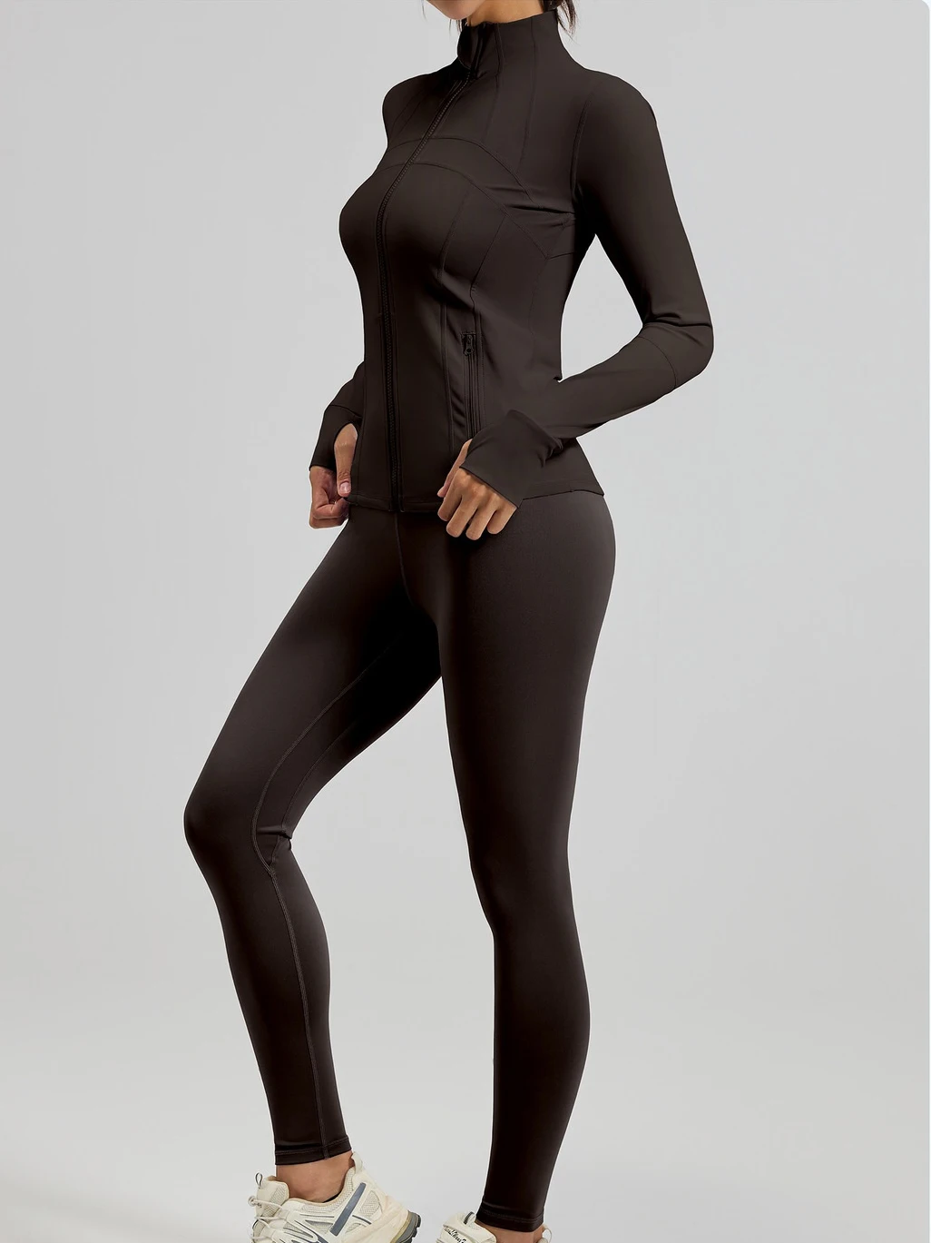 Simple Hot Sexy Seamless Yoga Set Stand Jacket With Zipper Pockets Quick Dry Comfort Sports Pants Women Workout Fitness Yoga Set