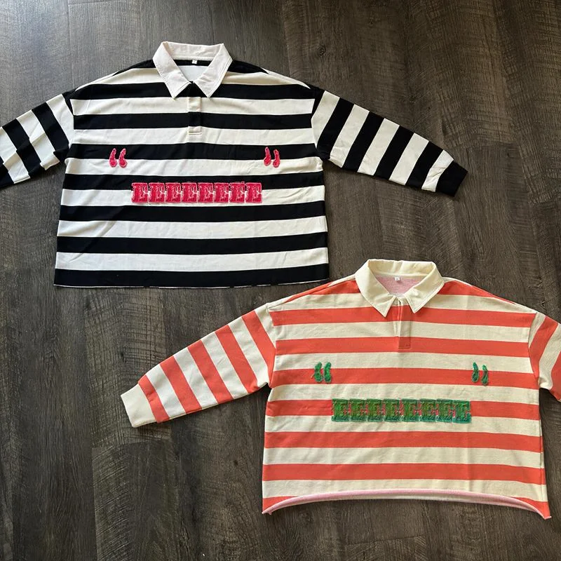 Salati Customized High Quality Striped Collared 100% Cotton Embroidered Long Sleeve Boxy Cropped T-shirts Rugby Men Polo Shirts
