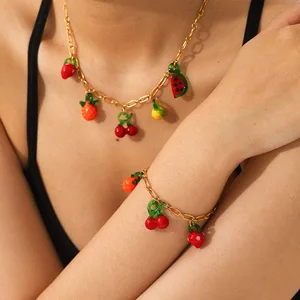 MW 18K Gold Plated Charm Trendy 2026 Sweet Cute Colored Glaze Fruit Drop Handmade Necklace Bracelet Jewelry Stainless Steel Set