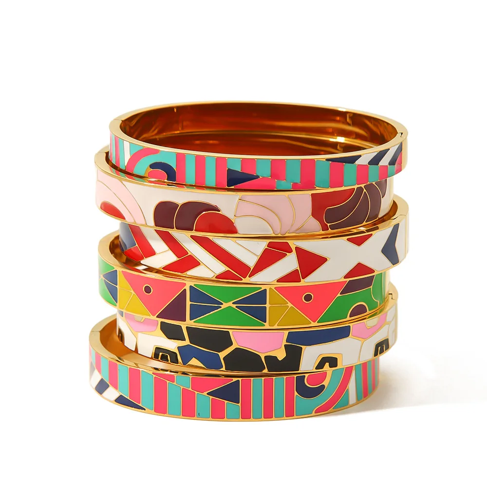 French Vintage Painted Enamel Titanium Steel Bracelet Waterproof Stainless Steel Plated 18k Gold Personality Bracelet Jewelry