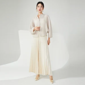 Miyake Women's Two-Piece Set Pleated Stretch Long-Sleeved Top Loose Pants Casual Style With Print Decoration Made Polyester