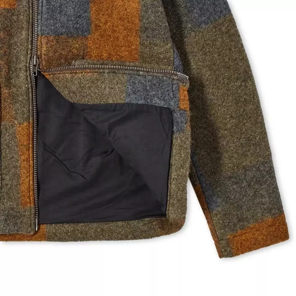 Lanwo Oem Custom Two Zip Way Closure Front Pockets Color Block Wool Jacket for Men