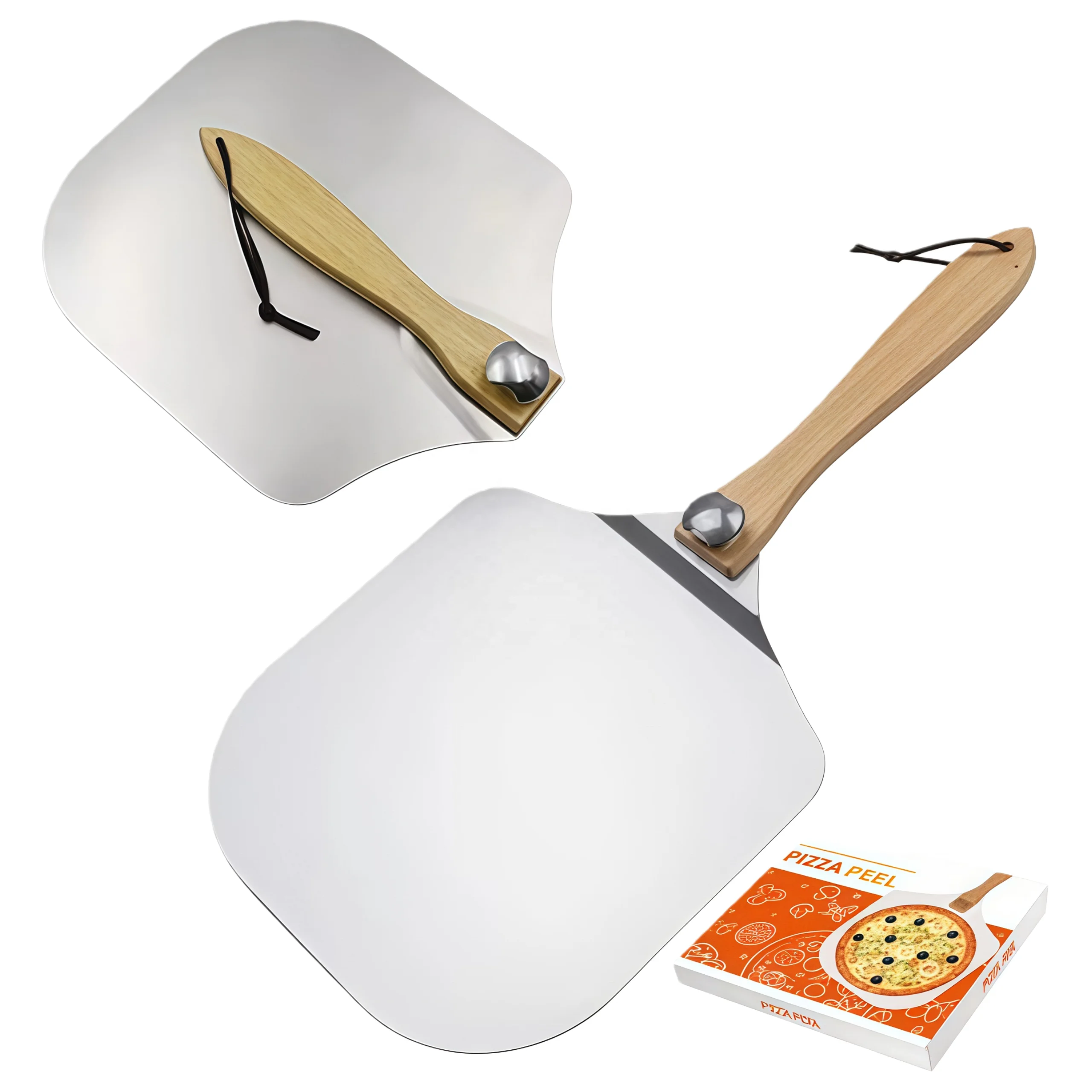 Бөлшектенетін Айналмалы Иықты Ағаш Сапталған Жоғары Температураға Төзімді Алюминийден Жасалған Пицца Лопаткасы Үйде Пицца Мен Нан Пісіру Үшін