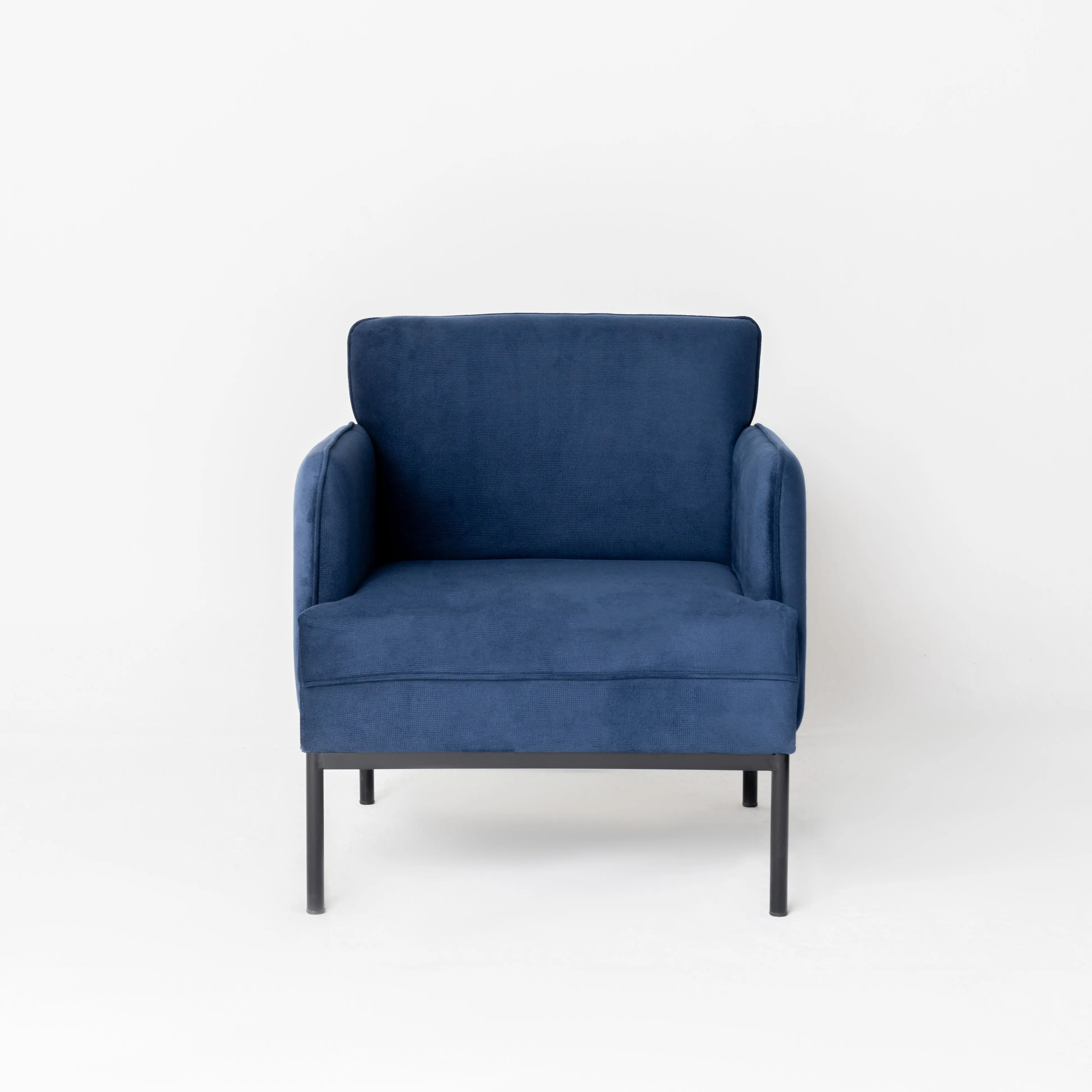 DIVERSO Milo Armchair Made of Solid Pine Wood with a Wrought Iron Base and High-quality Fabric Upholstery, Blue. Made in Mexico