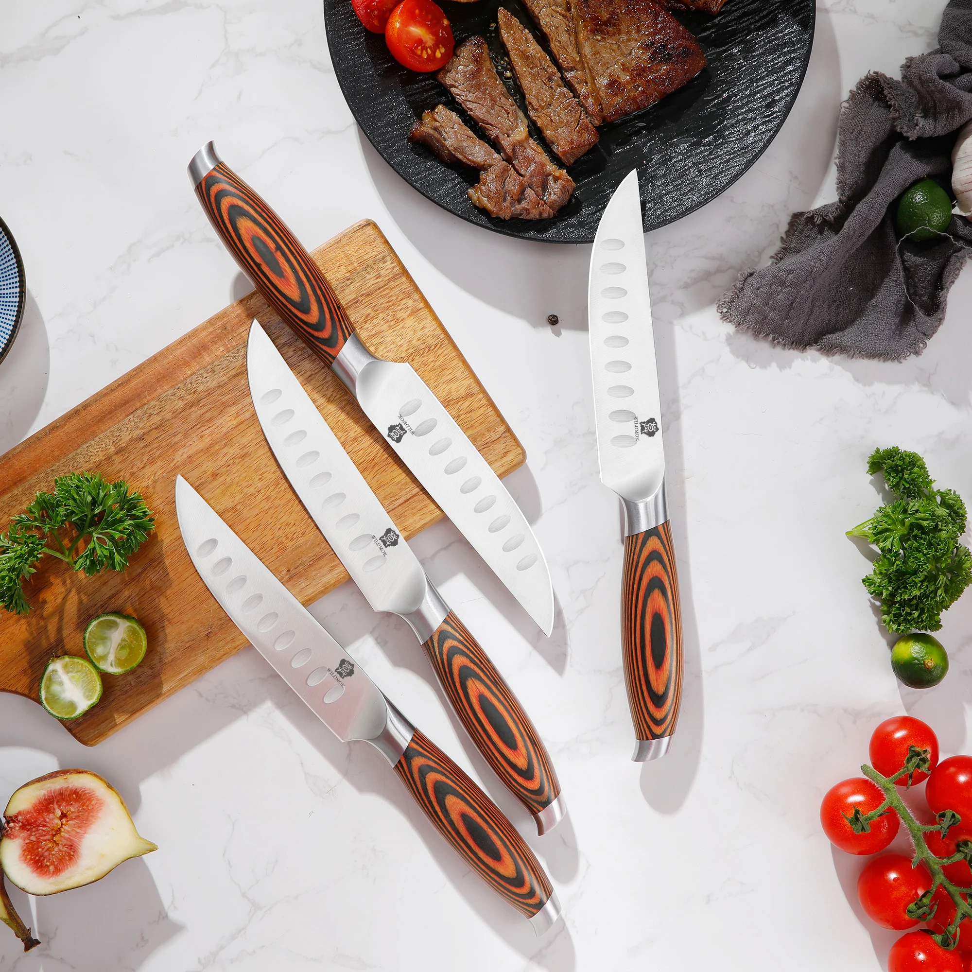 WILDMOK 4er-Pack 5-Zoll-Steakmesser aus Edelstahl mit Pakkaholzgriff, traditionelles Design für die Küche_voghion.com