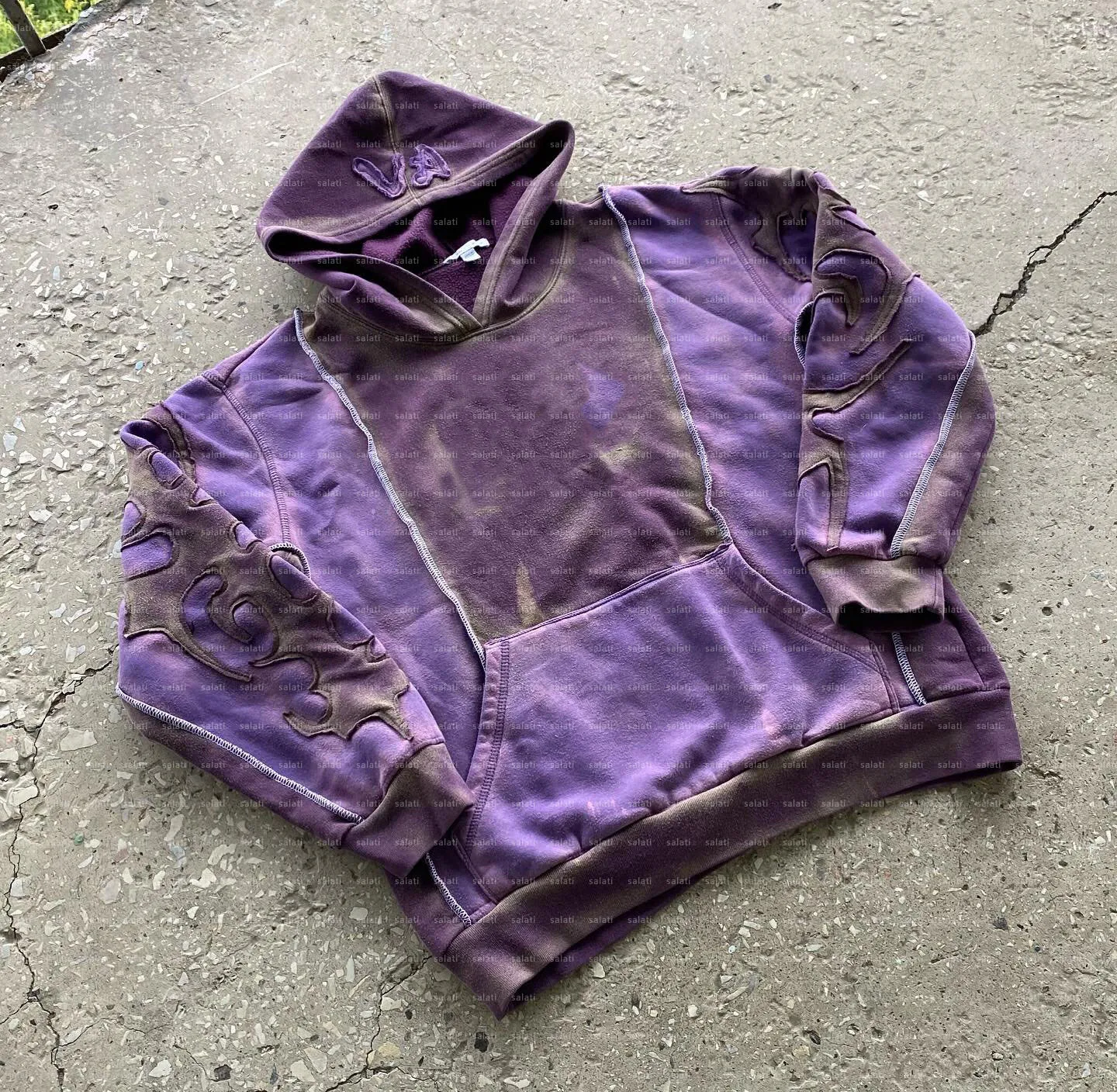 Custom Dirty Effect Sun Faded Contrast Stitch Cut and Sew Cotton French Terry Applique Patches Distressed Embroidered Hoodie Men gallery 2