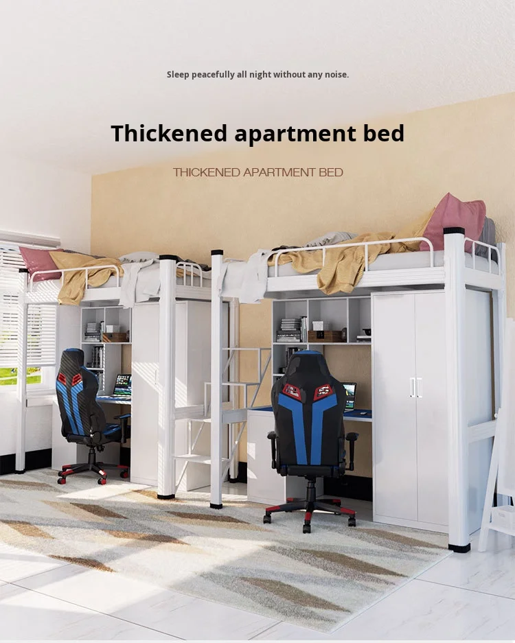 product customized modern design double bed college dormitory combination bed with iron frame floor ladder for school or apartment use-4