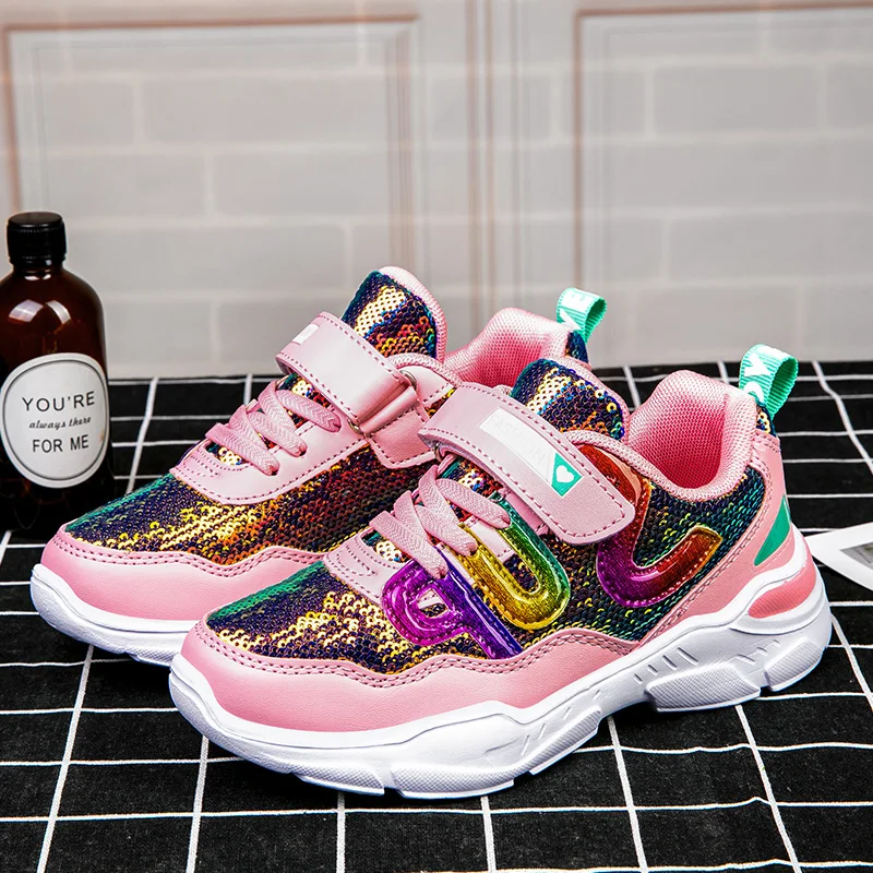 
 Блестящие Детские модные туфли с блестками розовые стильные туфли для девочек кроссовки  