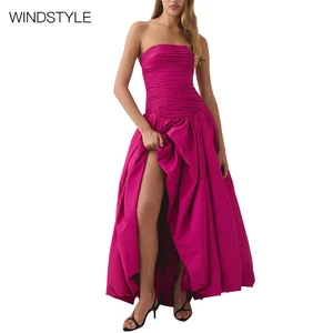 Custom Occasion Dress Strapless Design Solid Color Pleated Casual Women Dress Floor-Length Crepe Summer Nonwoven Sexy Slit