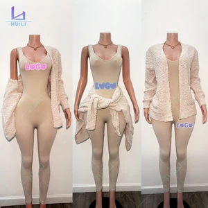 Huili Oem Custom Two Piece Jumpsuit Activewear & Sweater Jacket Gym Sports Leggings Knitted Cardigan Loungewear Sets for Women