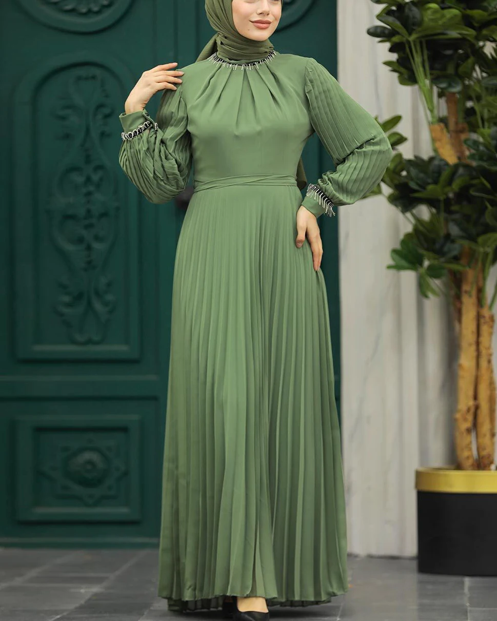 pleated dress muslimah Chbgutlmr Womens Dress Long Sleeve V Neck Pleated Front Tie Front Maxi Dress Casual Comfy Loose Plain Muslim Dresses