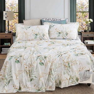 Luxury Modern Floral Printed 4pcs Bed Sheet Set Soft King Size Breathable Flat Bed Sheet Fitted Sheet with Two Pillowcases