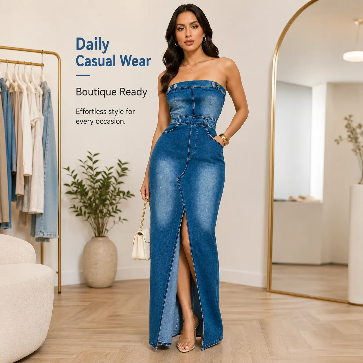 Wholesale One-Word Tube Top Denim Dress Sexy Slim Slit Retro Bag Hip Dress Korean Street Style Dress