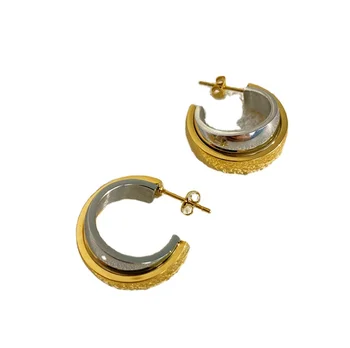 Double color overlapping splicing Earrings European and American style simple fashionable street shot metal double ring C-ring