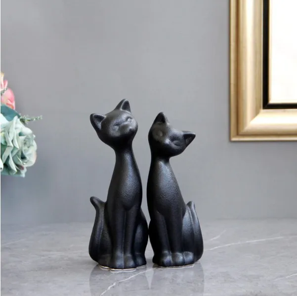 Ceramic Cat Lover Gift Cute Little Black Cat Figurine Tabletop Decoration Kitten Figurines