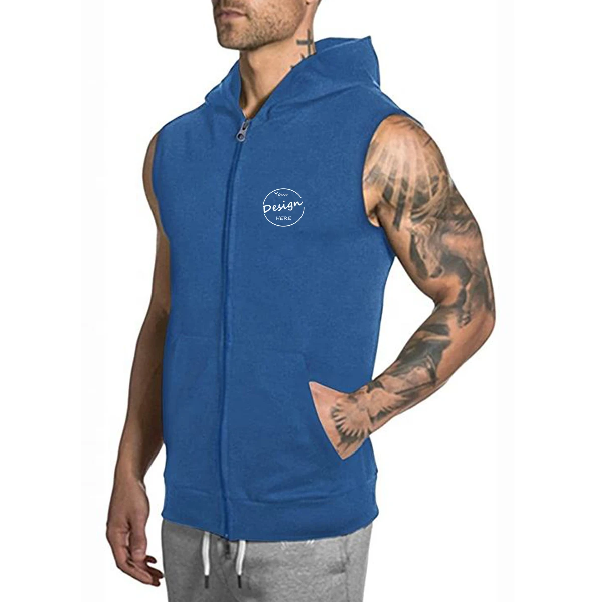 Blank zipper vest workout hooded tank tops bodybuilding muscle men's sleeveless gym hoodie men tank top with hood