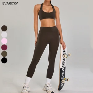 Custom Sport Wear Womens Solid Front Breathable Shockproof Sports Bra High Waist Butt Lift Leggings Gym Workout 2 Piece Yoga Set