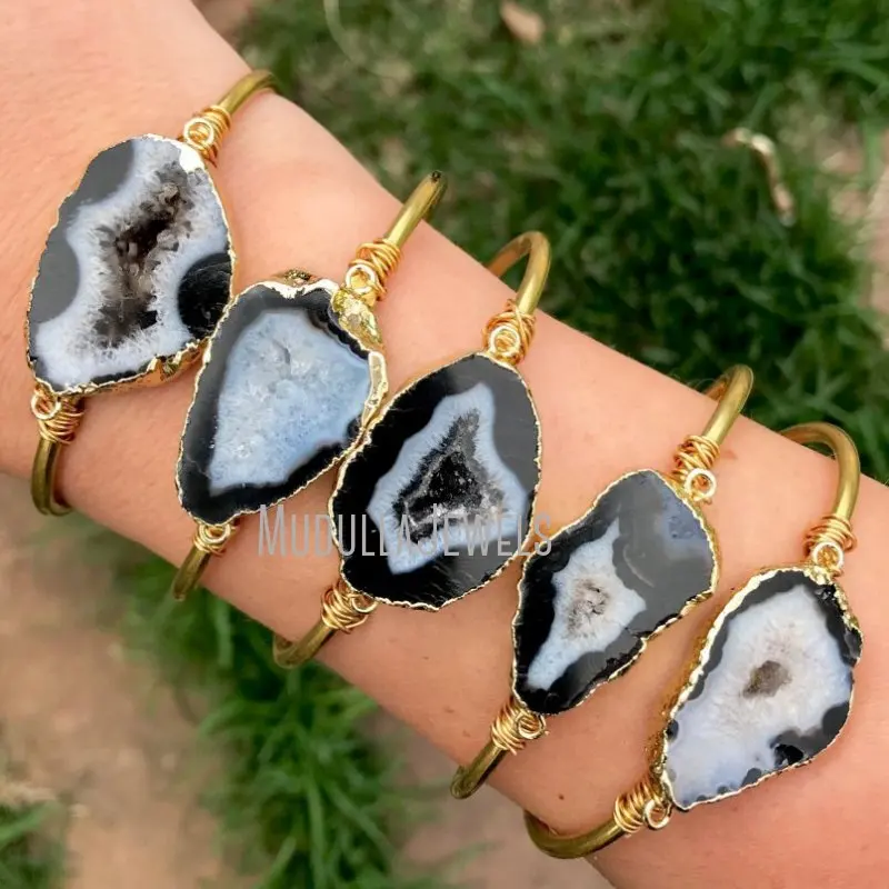 Gemstone Cuff outlet Bracelet, Druzy Agate Gold Plated Bangle, Adjustable Geode Bracelet