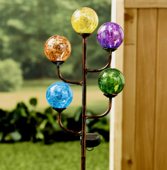 Waterproof Metal Colored 5-Light Cracked Crystal Glass Ball Solar Garden Stakes