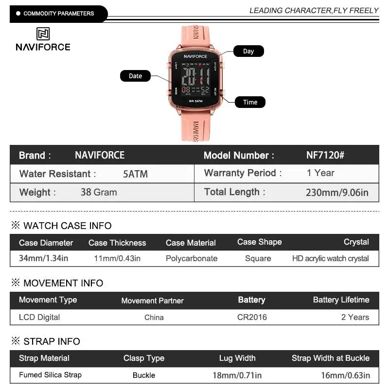 NAVIFORCE 7120 Women's Casual Digital Watch Simple Square Dial Waterproof Silicone Luxury and Fashionable Electronic Watch