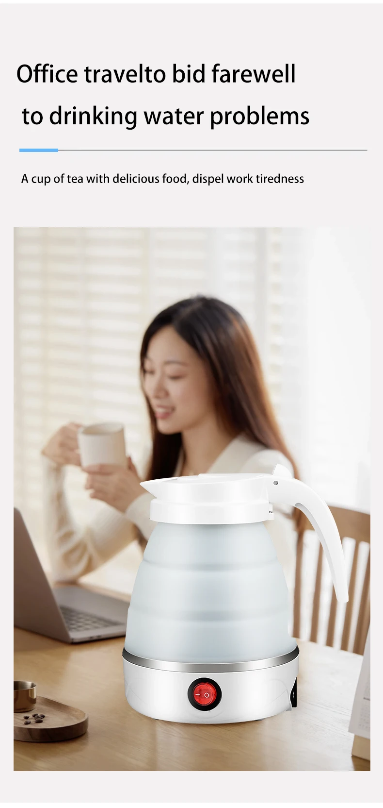 Foldable Portable Electric Water Kettle, Silicone and SUS 304, One-touch Water Boiling, Adjustable Temperature, Various Colors