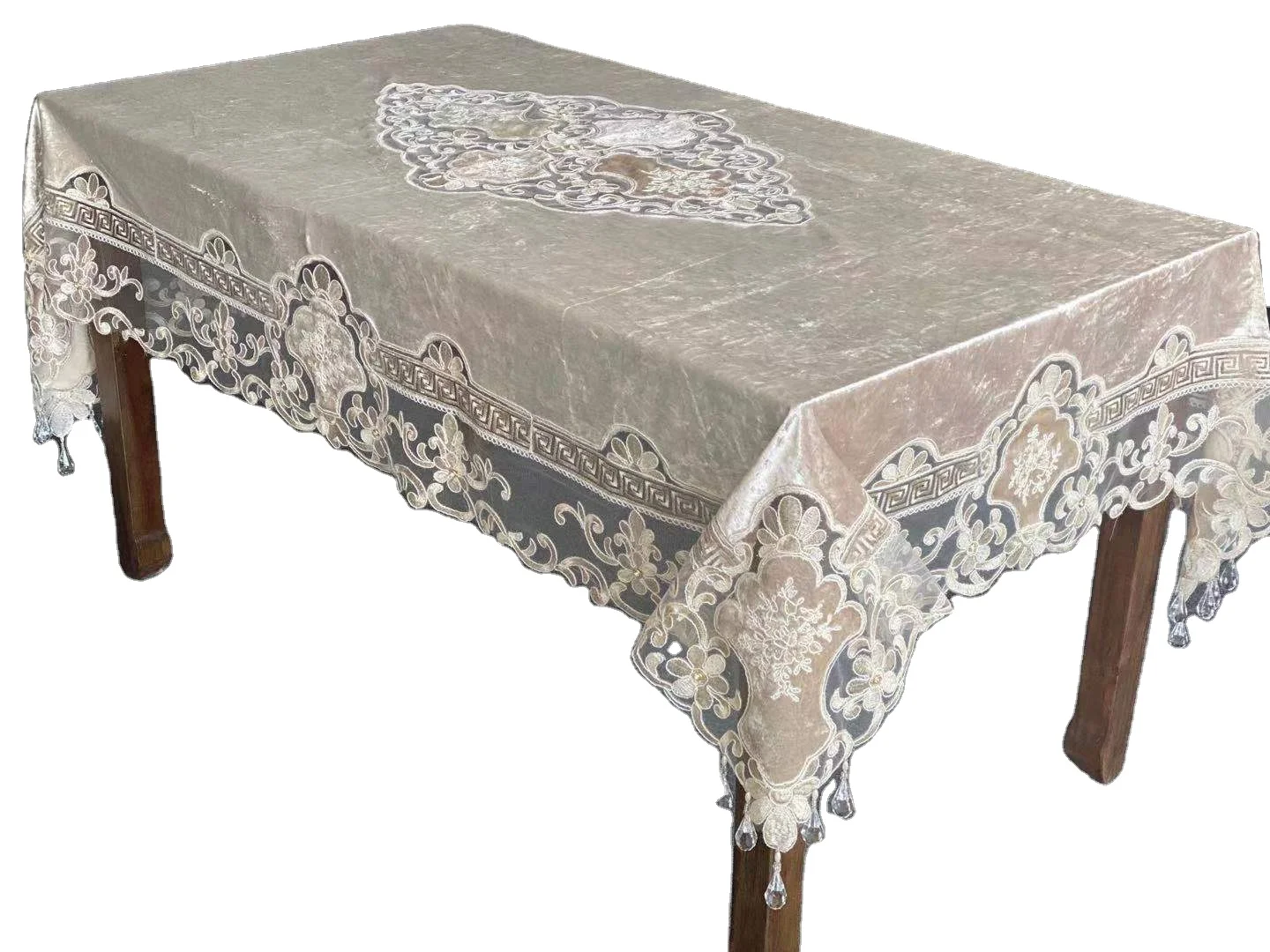 Wholesale beautiful velvet table cloth with mesh lace tablecloth for wedding