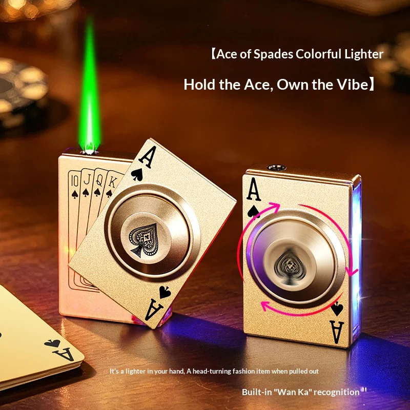 New Arrival Rotatable Side Slide Poker Shaped Windproof Igniter Green Flame Creative Gift for Men