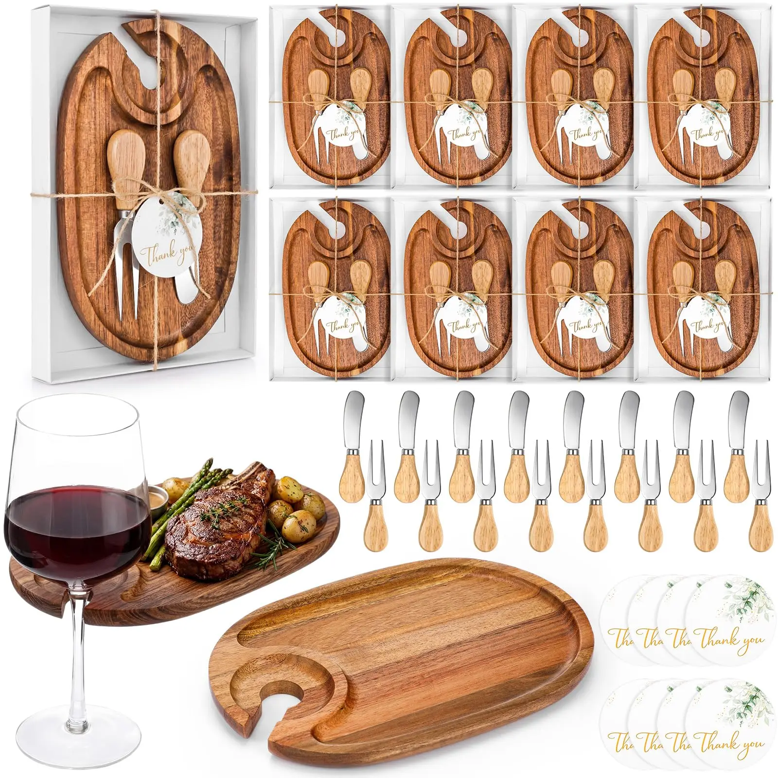 Custom Wine Appetizer Plates Set Wood Cheese Board Set with Wine Glass Holder Mini Charcuterie Platter with Knives for Party