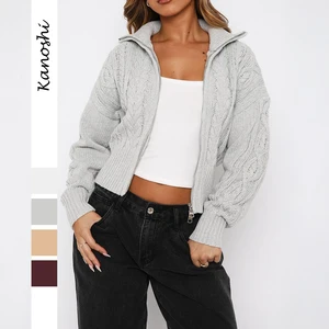 Women's Cropped Knit Cardigan Stand Collar Zip Up Fall Winter Chunky Short Sweater Coat