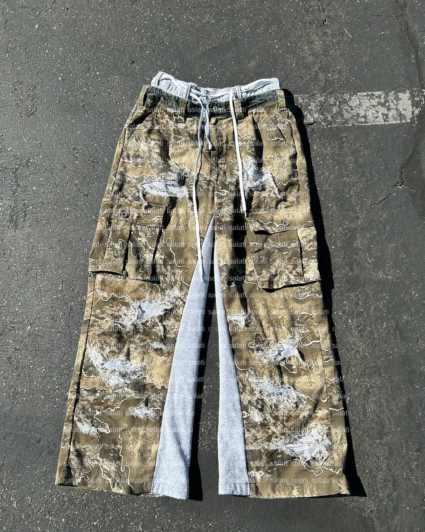 Double Waist Layer Flared Sweatpants Frayed Custom Patchwork Wide Leg Cotton Baggy Fit Sweat Trousers Cotton Camo Cargo Pant Men gallery 8