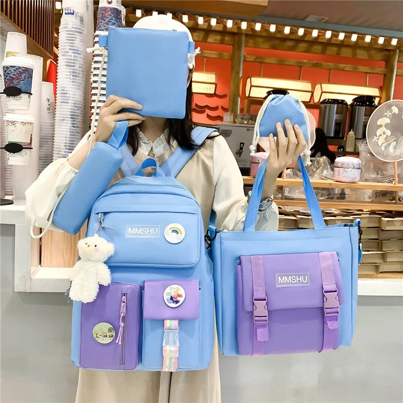 Корейская модная нейлоновая износостойкая и мощная школьная сумка из пяти частей с несколькими карманами для девочек