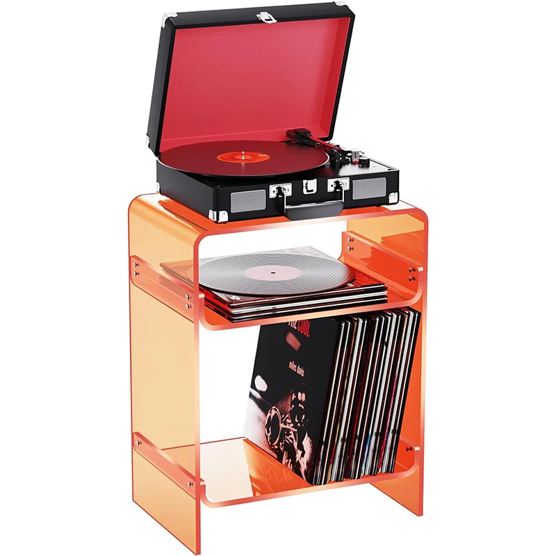 Orange Acrylic End Table With Storage Shelf 17.7x22.8x11.8 Nightstand for Record Players Clear Side Display Rack