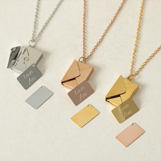 877 Women's Fashion Envelope Pendant Necklace - Stainless Steel Collarbone Chain with "Love You" Pendant