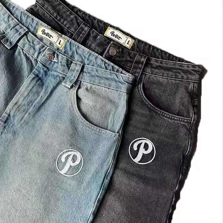 Customized High-end Letter Embroidered Patchwork Men's Jeans Straight Loose Pants Baggy Jeans Retro Washed Pants for Men gallery 2
