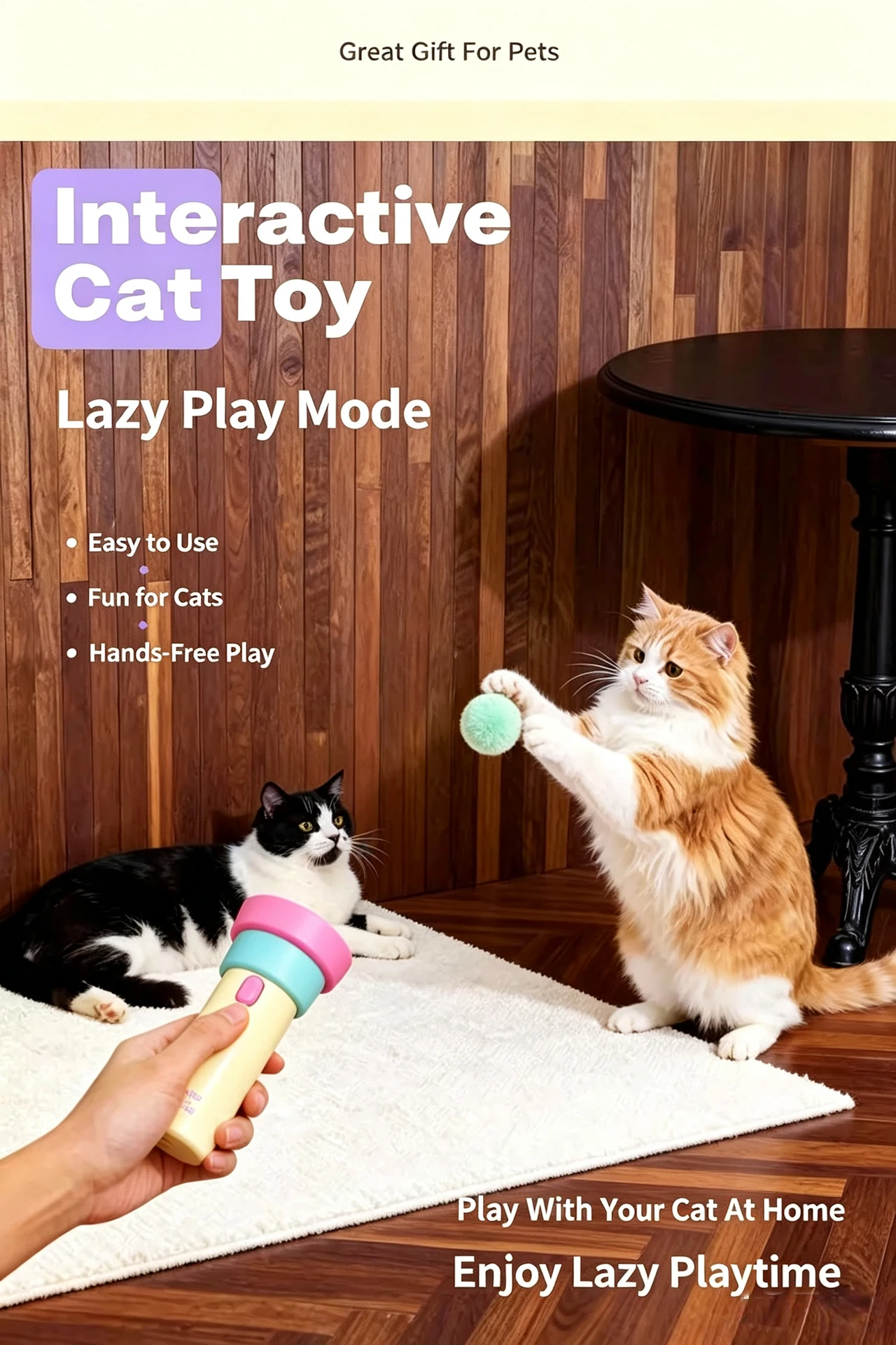 product electric automatic cat fishing toy retractable pom pom launcher hands free teaser wand boredom relief interactive kitten-0