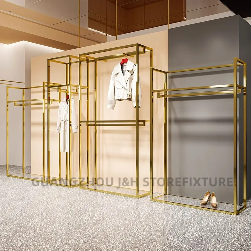 Luxury Clothing Store Golden Custom Display Rack 2 Layers Stainless ...