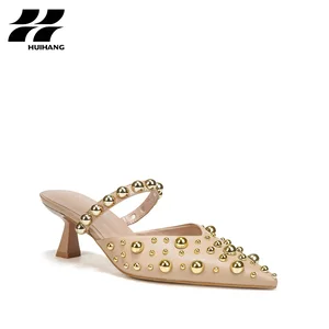 Women's Trendy Gold Stud Embellished Kitten Heel Mules Pointed- Toe Summer Party & Evening Slip-On Wedding Shoes