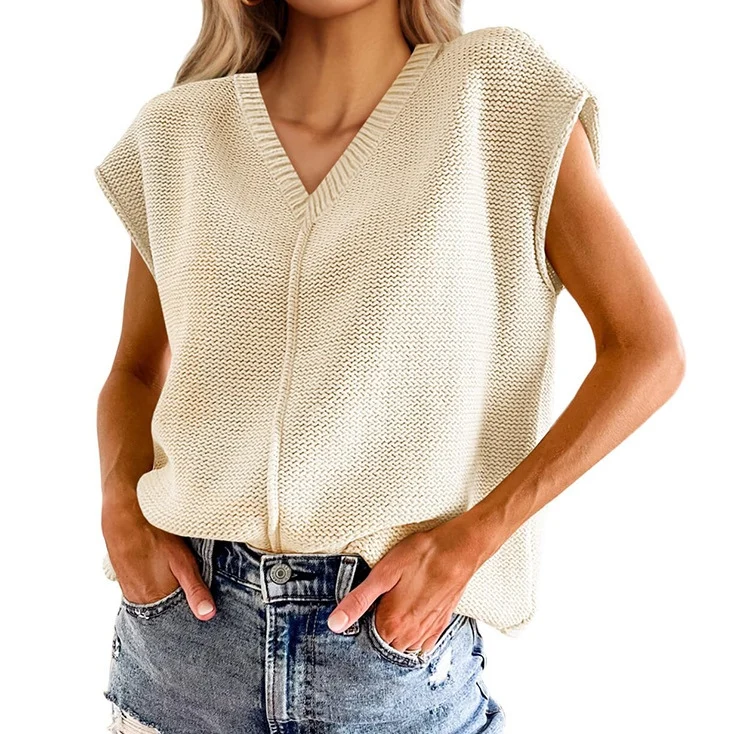 Summer New Knitwear V-neck with Shoulder Sleeveless Loose Sweater