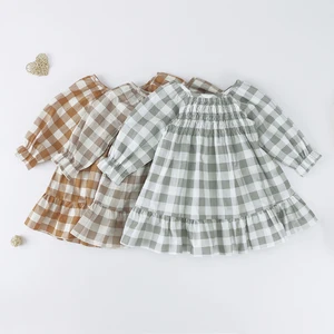 Rts Baby Girl Clothes 100% Cotton Fabric Long Sleeve Solid Color Design Baby Summer Party Girl Dresses