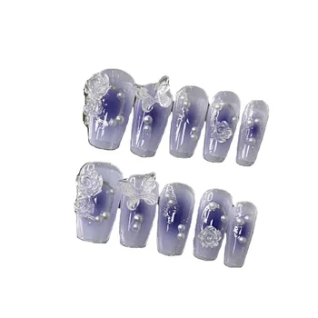 French style press on nails almond with jelly glue 24pcs women's nail art supplies