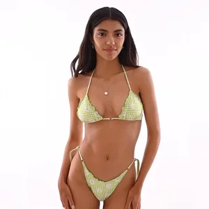 New Triangle Nylon Fabric Drawstring Swimwear Women Floral Print Lace Designer Bikinis Beachwear Custom Front Waterproof Quick