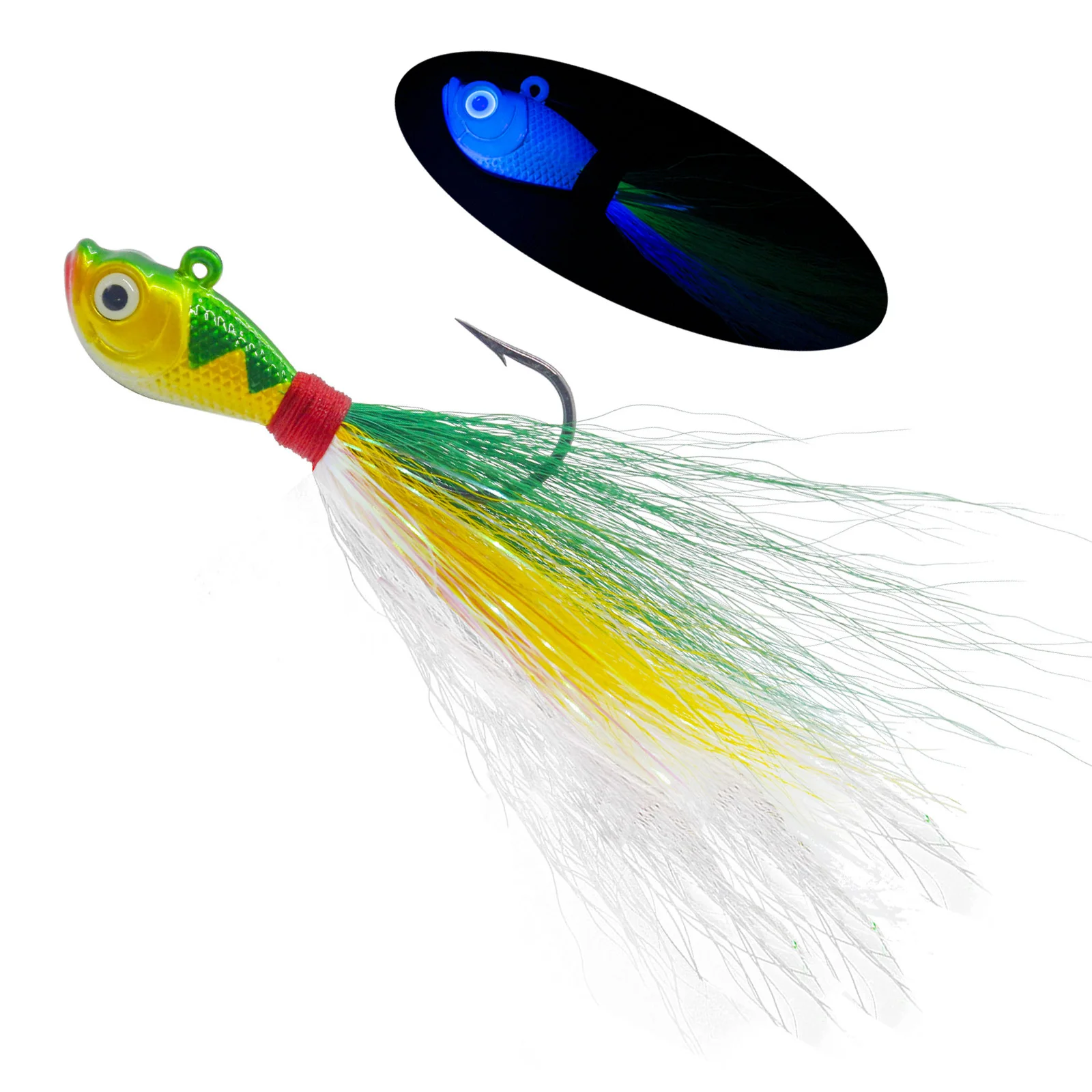 Ready to Ship UV Glowing Mustad Hook Bucktail Jigs Saltwater Hair Assorted Kit for Striped Bass Walleye Snook Rockfis