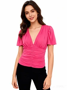 Women's Breathable Deep V Neck Short Sleeve Slim Fit Rayon Spandex Summer Crop Top Plain Dyed Fashion Blouse