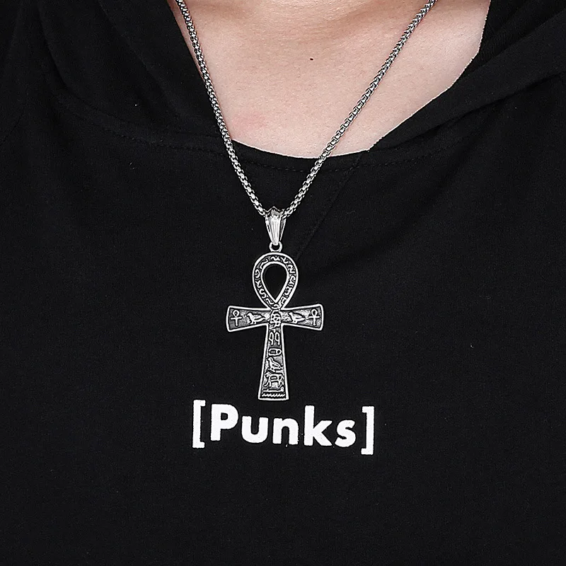 MECYLIFE Ancient Letters African Life Symbol Ankh Pendant Stainless Steel Vintage Hiphop Ankh Cross Necklace