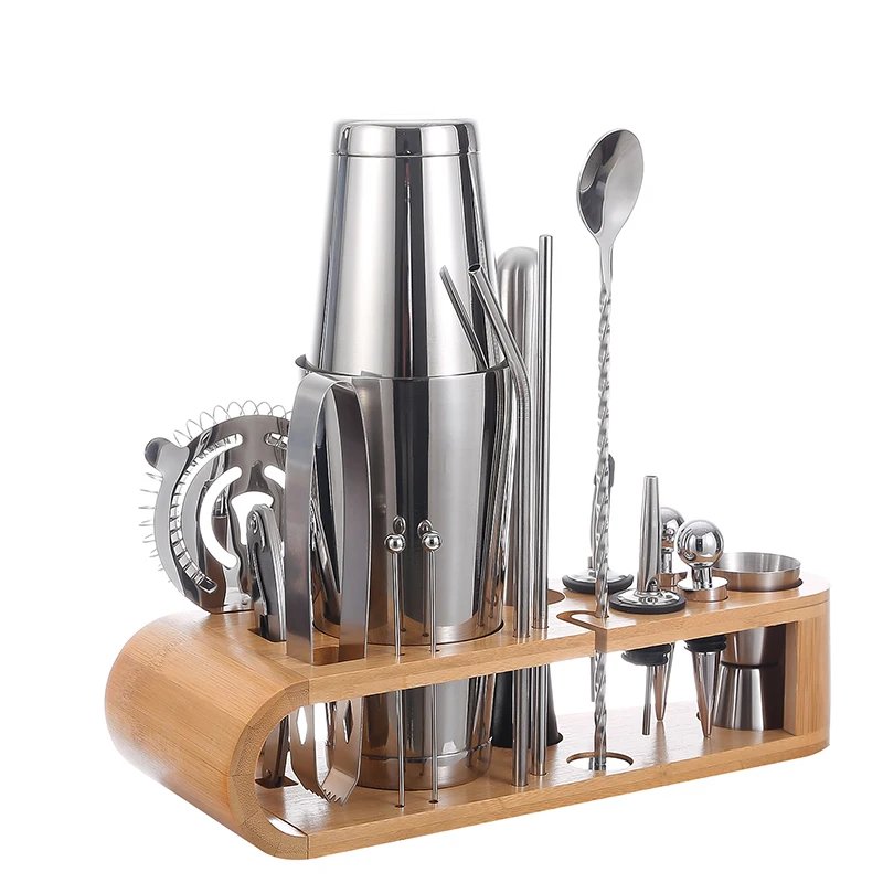 600/700ML cocktail shaker Customized Stainless Steel Bar Tools Kit with Bamboo Stand Mixer Shaker Set