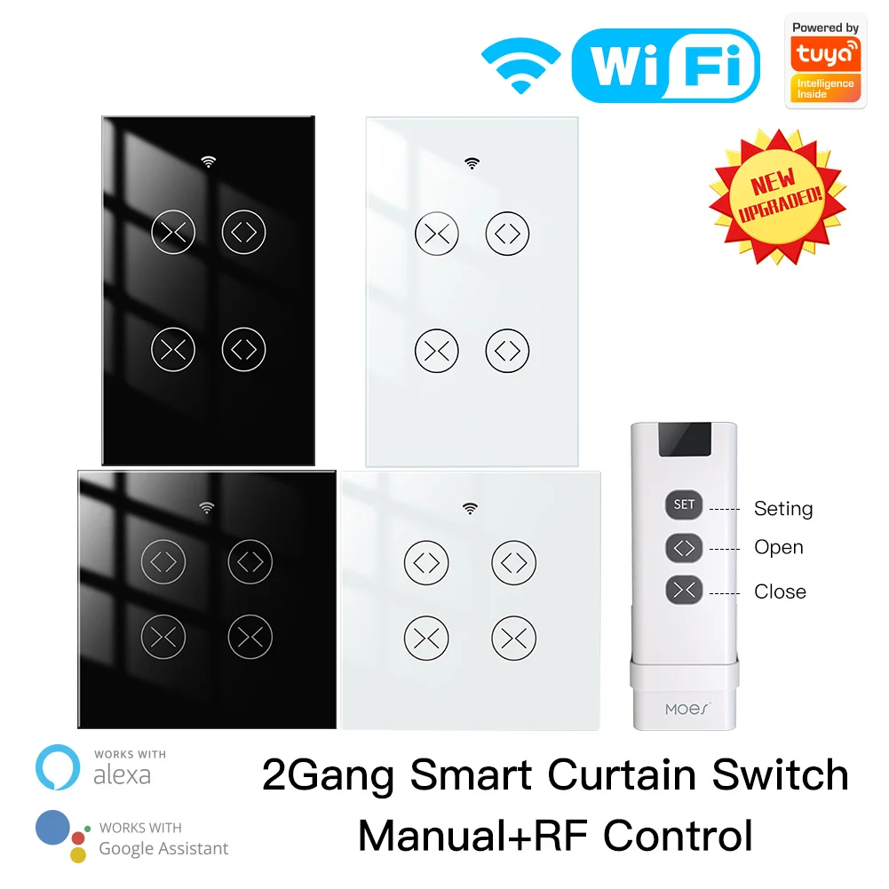 Tuya Smart Curtain Switches 2 Gang Double Buttons WiFi RF Remote Control Electric Motor Roller Blinds Shutters Smart Life Alexa