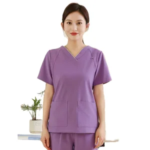 Anti - Wrinkle Fashional Women's Straight Leg Pants Spa Nurse Uniform V Neck Slim Fit Scrub Sets Cargo Petti